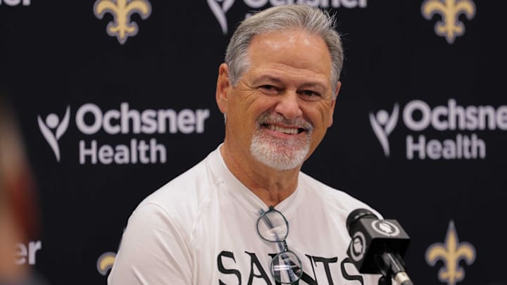 Jul 26, 2022; New Orleans, Louisiana, US;  New Orleans Saints general manager Mickey Loomis at training camp press conference at Ochsner Sports Performance Center. Mandatory Credit: Stephen Lew-Imagn Images