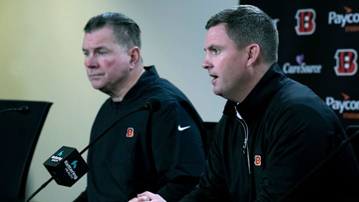 Cincinnati Bengals head coach Zac Taylor, right, introduced new defensive coordinator Al Golden at Paycor Stadium on Monday, January 27, 2025. Golden returns to Cincinnati after being the defensive coordinator for the Notre Dame Fighting Irish. Golden was the Bengals linebacker coach from 2020-21. Cincinnati Bengals head coach Zac Taylor, right, introduced new defensive coordinator Al Golden at Paycor Stadium on Monday, January 27, 2025. Golden returns to Cincinnati after being the defensive coordinator for the Notre Dame Fighting Irish. Golden was the Bengals linebacker coach from 2020-21.