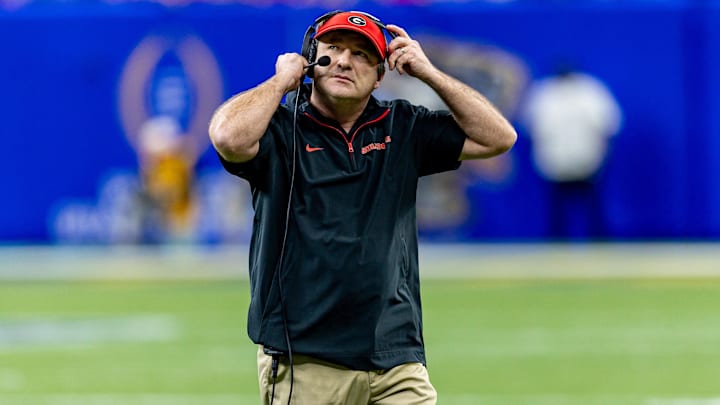Jan 2, 2025; New Orleans, LA, USA;  Georgia Bulldogs head coach Kirby Smart looks on against the Notre Dame Fighting Irish during the first half at Caesars Superdome. Mandatory Credit: Stephen Lew-Imagn Images