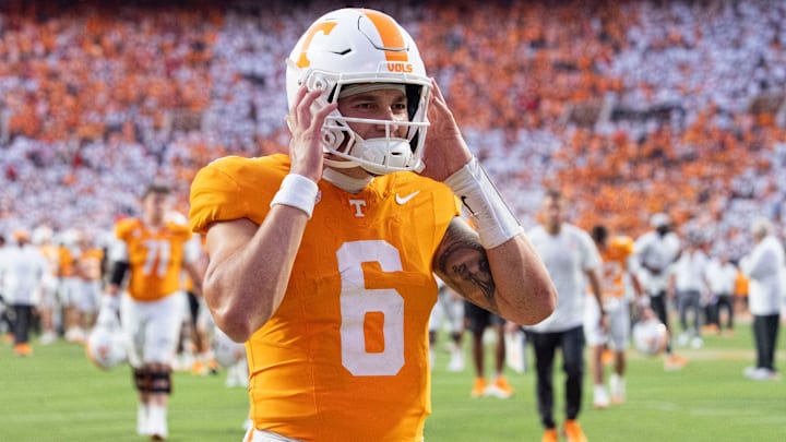 Tennessee quarterback Joey Aguilar (6) begins to remove his helmet while walking off the field after the loss to Georgia in an NCAA college football game on September 13, 2025, Knoxville, Tennessee.