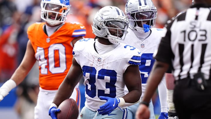 Dallas Cowboys running back Javonte Williams celebrates after scoring a touchdown against the Denver Broncos in the second quarter at Empower Field at Mile High. Dallas Cowboys running back Javonte Williams celebrates after scoring a touchdown against the Denver Broncos in the second quarter at Empower Field at Mile High.