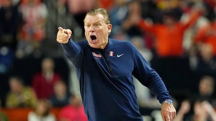 Apr 4, 2026; Indianapolis, IN, USA; Illinois Fighting Illini head coach Brad Underwood reacts after a play against the UConn Huskies during the first half of a semifinal of the Final Four of the men's 2026 NCAA Tournament at Lucas Oil Stadium. Mandatory Credit: Bob Donnan-Imagn Images Apr 4, 2026; Indianapolis, IN, USA; Illinois Fighting Illini head coach Brad Underwood reacts after a play against the UConn Huskies during the first half of a semifinal of the Final Four of the men's 2026 NCAA Tournament at Lucas Oil Stadium. Mandatory Credit: Bob Donnan-Imagn Images