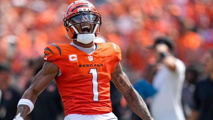 Cincinnati Bengals wide receiver Ja'Marr Chase (1) celebrates after breaking away for a long run on a reception in the second quarter of the NFL Week 2 game between the Cincinnati Bengals and the Jacksonville Jaguars at Paycor Stadium in downtown Cincinnati on Sunday, Sept. 14, 2025. The Jaguars led 17-10 at halftime.