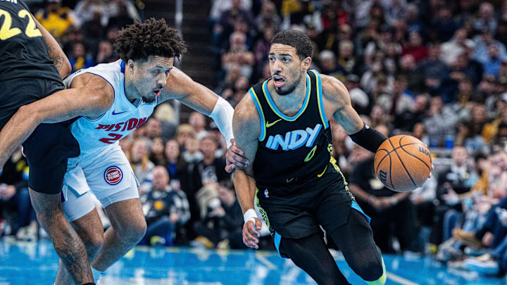 Nov 24, 2023; Indianapolis, Indiana, USA; Indiana Pacers guard Tyrese Haliburton (0) dribbles the
