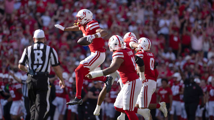 Oct 4, 2025; Lincoln, Nebraska, USA; Nebraska Cornhuskers defensive back DeShon Singleton (8) celebrates after making an interception during the game against Michigan State.