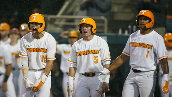 Tennessee Volunteers catcher Cal Stark (10), catcher Cannon Peebles (5), and infielder Christian