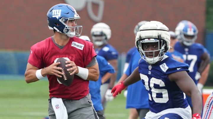 East Rutherford, NJ -- July 24, 2024 -- Quarterback, Daniel Jones during the first day of training camp for the 2024 New York Giants.