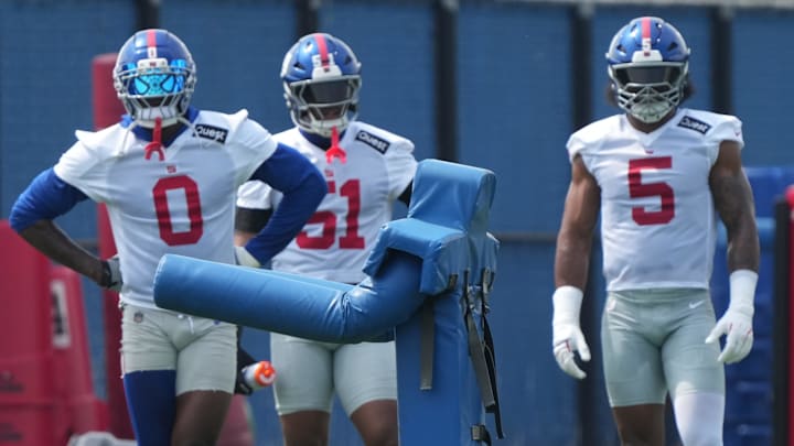 East Rutherford, NJ -- June 5, 2025 -- Linebackers, Brian Burns, Abdul Carter and Kayvon Thibodeaux as the New York Giants players participate in their 2025 OTAÕs at the Quest Diagnostic Giants Training Center in East Rutherford.