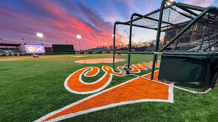 Clemson Tigers baseball field updates including the new Clemson name behind home plate, at Doug Kingsmore Stadium in Clemson, S.C. in 2025. Clemson Tigers baseball field updates including the new Clemson name behind home plate, at Doug Kingsmore Stadium in Clemson, S.C. in 2025.