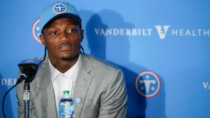 Wide receiver Carnell Tate takes questions at the Titans' practice facility in Nashville, Tenn., Friday, April 24, 2026. He was the Titans first draft pick for 2026.