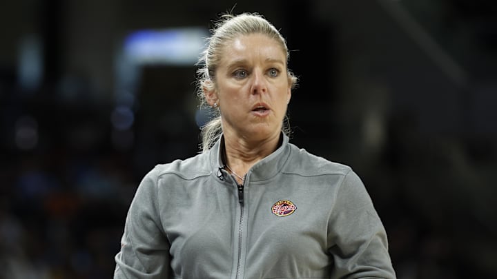 Jun 23, 2024; Chicago, Illinois, USA; Indiana Fever head coach Christie Sides reacts during the first half of a basketball game against the Chicago Sky at Wintrust Arena. Mandatory Credit: Kamil Krzaczynski-Imagn Images Jun 23, 2024; Chicago, Illinois, USA; Indiana Fever head coach Christie Sides reacts during the first half of a basketball game against the Chicago Sky at Wintrust Arena. Mandatory Credit: Kamil Krzaczynski-Imagn Images