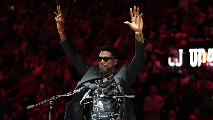Jan 19, 2024; Miami, Florida, USA; Udonis Haslem speaks after his jersey was lifted to the rafters during the retirement ceremony during halftime of the game between the Miami Heat and the Atlanta Hawks Kaseya Center. Mandatory Credit: Jasen Vinlove-Imagn Images Jan 19, 2024; Miami, Florida, USA; Udonis Haslem speaks after his jersey was lifted to the rafters during the retirement ceremony during halftime of the game between the Miami Heat and the Atlanta Hawks Kaseya Center. Mandatory Credit: Jasen Vinlove-Imagn Images