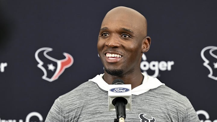 Jun 10, 2025; Houston, TX, USA; Houston Texans head coach DeMeco Ryans speaks during a press conference after an NFL football minicamp at NRG Stadium. Mandatory Credit: Maria Lysaker-Imagn Images 