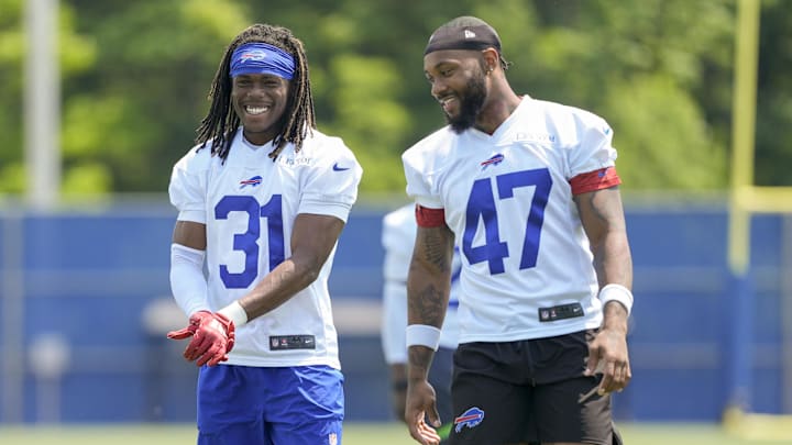 Jun 11, 2025; Orchard Park, NY, USA; Buffalo Bills cornerback Maxwell Hairston (31) and Buffalo Bills cornerback Christian Benford (47) during Minicamp at Highmark Stadium. Mandatory Credit: Gregory Fisher-Imagn Images