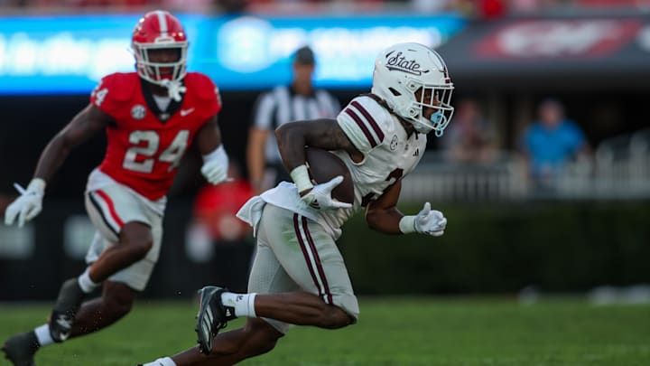Oct 12, 2024; Athens, Georgia, USA; Mississippi State Bulldogs wide receiver Kevin Coleman Jr. (3) runs after a catch against the Georgia Bulldogs in the third quarter at Sanford Stadium. Mandatory Credit: Brett Davis-Imagn Images