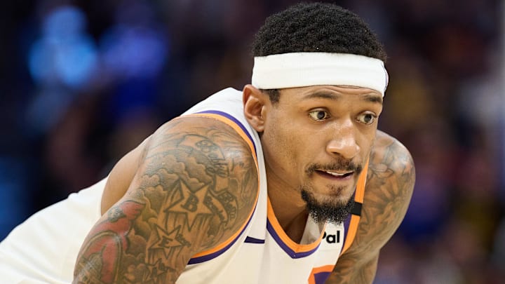 Dec 28, 2024; San Francisco, California, USA; Phoenix Suns guard Bradley Beal (3) waits for play to resume against the Golden State Warriors during the fourth quarter at Chase Center. Mandatory Credit: Robert Edwards-Imagn Images