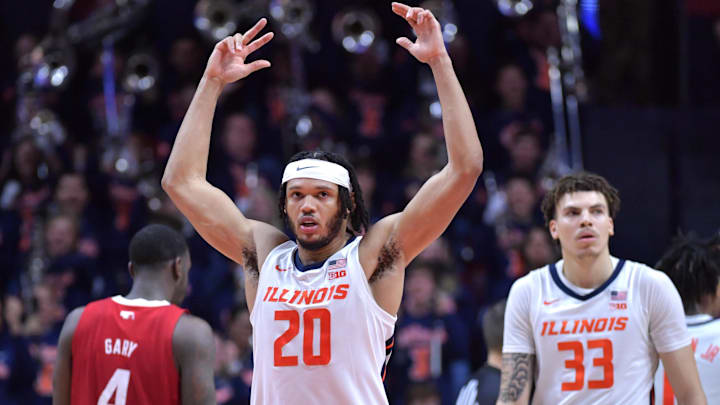 Feb 4, 2024; Champaign, Illinois, USA;  Illinois Fighting Illini forward Ty Rodgers (20) reacts