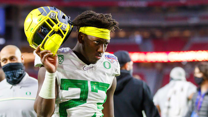 Jan 2, 2021; Glendale, AZ, USA; Oregon Ducks safety Verone McKinley III (23) against the Iowa State Cyclones in the Fiesta Bowl at State Farm Stadium. Mandatory Credit: Mark J. Rebilas-Imagn Images