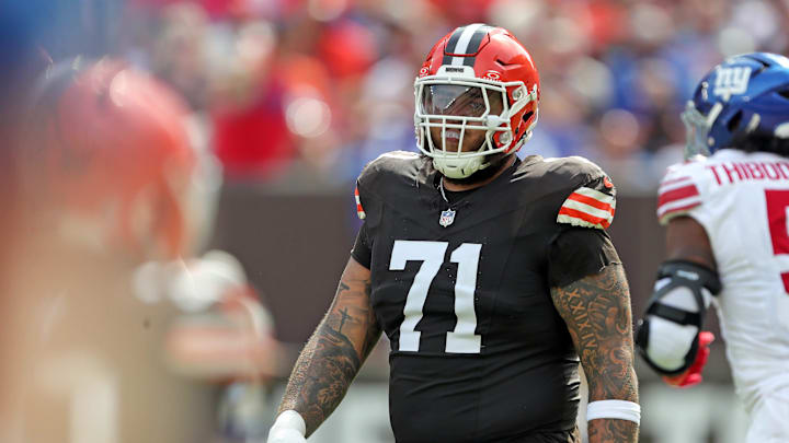 Cleveland Browns offensive tackle Jedrick Wills Jr. (71) heads back to the huddle after a play during the first half of an NFL football game against the New York Giants at Huntington Bank Field, Sunday, Sept. 22, 2024, in Cleveland, Ohio.