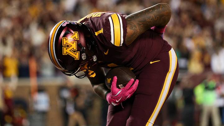 Oct 17, 2025; Minneapolis, Minnesota, USA; Minnesota Golden Gophers running back Darius Taylor (1) celebrates his touchdown against the Nebraska Cornhuskers during the second half at Huntington Bank Stadium. Mandatory Credit: Matt Krohn-Imagn Images Oct 17, 2025; Minneapolis, Minnesota, USA; Minnesota Golden Gophers running back Darius Taylor (1) celebrates his touchdown against the Nebraska Cornhuskers during the second half at Huntington Bank Stadium. Mandatory Credit: Matt Krohn-Imagn Images