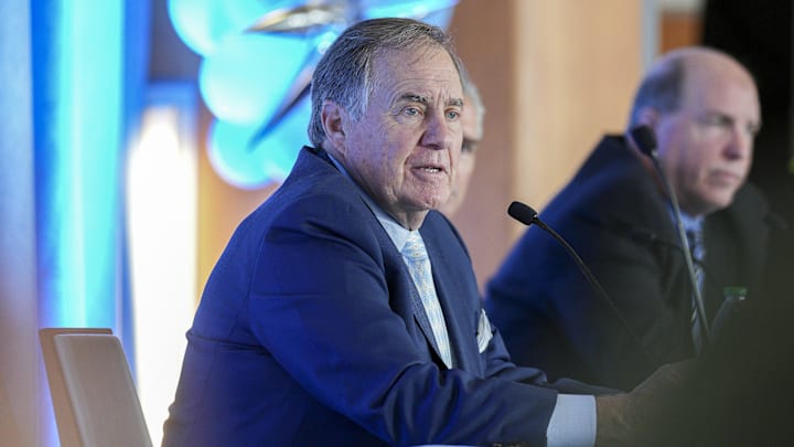 Dec 12, 2024; Chapel Hill, NC, USA; North Carolina Tar Heels head coach Bill Belichick answers questions during a press conference at Loudermilk Center for Excellence. Dec 12, 2024; Chapel Hill, NC, USA; North Carolina Tar Heels head coach Bill Belichick answers questions during a press conference at Loudermilk Center for Excellence.