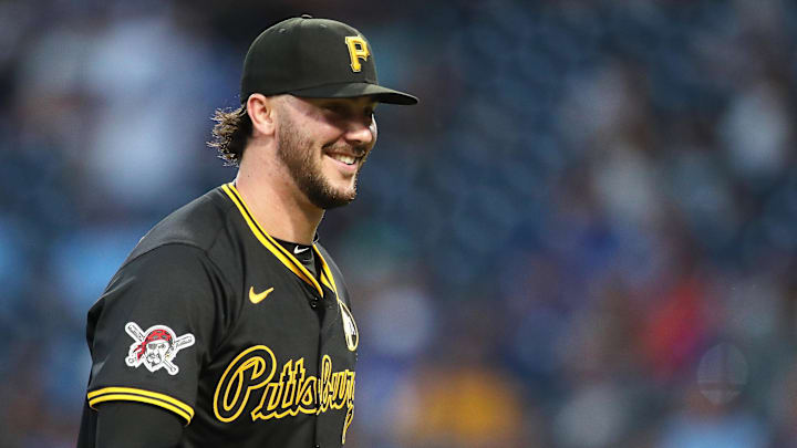Aug 18, 2025; Pittsburgh, Pennsylvania, USA;  Pittsburgh Pirates starting pitcher Paul Skenes (30) reacts after pitching he fifth inning against the Toronto Blue Jays at PNC Park. Mandatory Credit: Charles LeClaire-Imagn Images