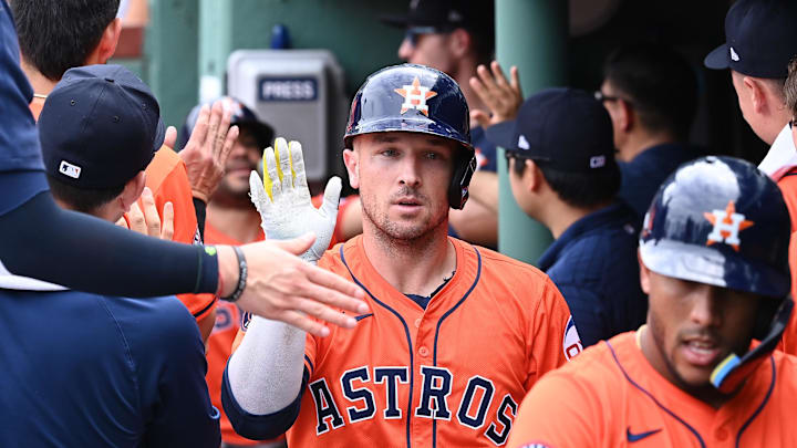 Aug 11, 2024; Boston, Massachusetts, USA; Houston Astros third baseman Alex Bregman (2) celebrates his three-run home run against the Boston Red Sox during the fifth inning at Fenway Park. Mandatory Credit: Eric Canha-Imagn Images Aug 11, 2024; Boston, Massachusetts, USA; Houston Astros third baseman Alex Bregman (2) celebrates his three-run home run against the Boston Red Sox during the fifth inning at Fenway Park. Mandatory Credit: Eric Canha-Imagn Images