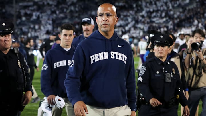 Penn State football head coach James Franklin walks off the field following the game against the Northwestern