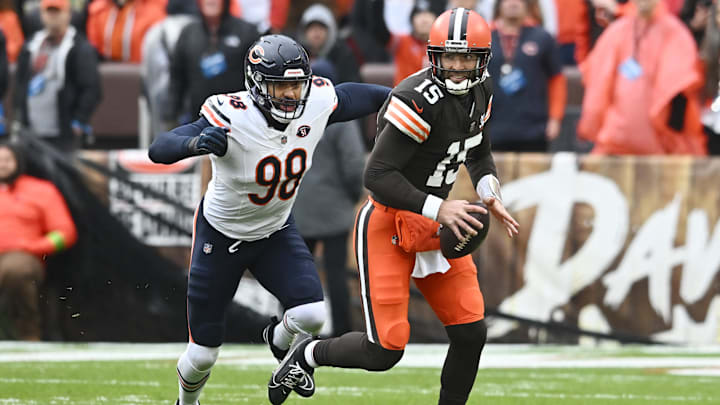 Montez Sweat chases down Joe Flacco in a 2023 game between the Bears and Browns. Flacco's status as Bengals starter could be in question this week. Montez Sweat chases down Joe Flacco in a 2023 game between the Bears and Browns. Flacco's status as Bengals starter could be in question this week.