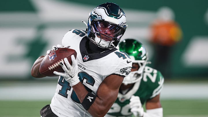  Philadelphia Eagles wide receiver Terrace Marshall Jr. (46) gains yards after catch during the first half against the New York Jets at MetLife Stadium. 