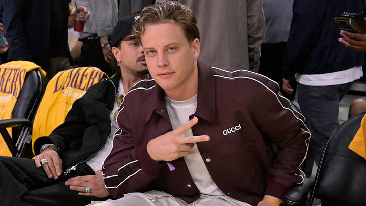 Apr 19, 2025; Los Angeles, California, USA; Cincinnati Bengals quarterback Joe Burrow attends the game between the Los Angeles Lakers and the Minnesota Timberwolves at Crypto.com Arena. Mandatory Credit: Jayne Kamin-Oncea-Imagn Images