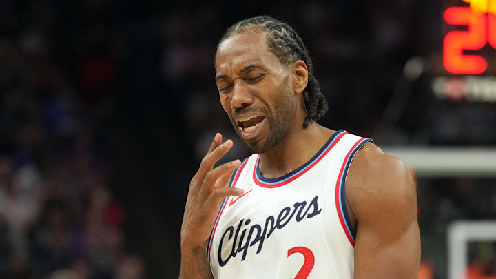 Apr 11, 2025; Sacramento, California, USA; Los Angeles Clippers forward Kawhi Leonard (2) reacts after incurring a facial cut during the fourth quarter against the Sacramento Kings at Golden 1 Center. Mandatory Credit: Darren Yamashita-Imagn Images Apr 11, 2025; Sacramento, California, USA; Los Angeles Clippers forward Kawhi Leonard (2) reacts after incurring a facial cut during the fourth quarter against the Sacramento Kings at Golden 1 Center. Mandatory Credit: Darren Yamashita-Imagn Images