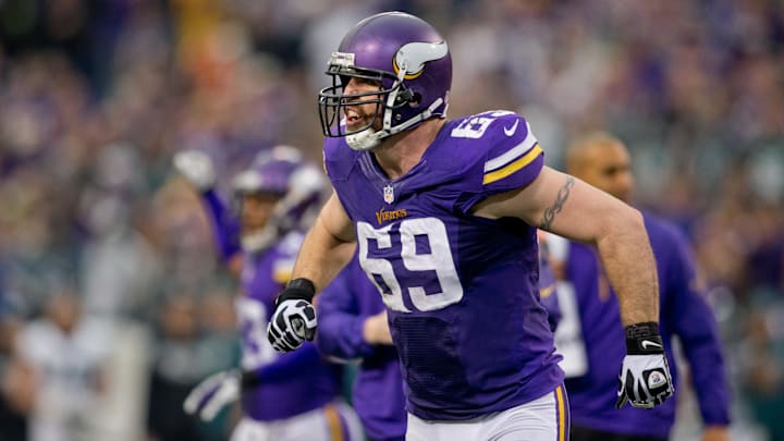 Minnesota Vikings defensive end Jared Allen (69) celebrates a failed fourth down attempt by the Philadelphia Eagles Minnesota Vikings defensive end Jared Allen (69) celebrates a failed fourth down attempt by the Philadelphia Eagles