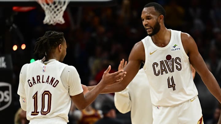 Dec 20, 2024; Cleveland, Ohio, USA; Cleveland Cavaliers guard Darius Garland (10) celebrates with forward Evan Mobley (4) during the second half against the Milwaukee Bucks at Rocket Mortgage FieldHouse. Mandatory Credit: Ken Blaze-Imagn Images