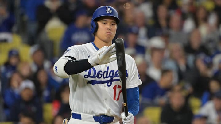 Apr 27, 2026; Los Angeles, California, USA; Los Angeles Dodgers two-way player Shohei Ohtani (17) at bat in the seventh inning against the Miami Marlins at Dodger Stadium. Mandatory Credit: Jayne Kamin-Oncea-Imagn Images