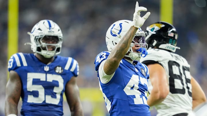 Indianapolis Colts cornerback Cameron Mitchell (43) celebrates after breaking up a pass Sunday, Dec. 28, 2025, during a game against the Jacksonville Jaguars at Lucas Oil Stadium in Indianapolis. Indianapolis Colts cornerback Cameron Mitchell (43) celebrates after breaking up a pass Sunday, Dec. 28, 2025, during a game against the Jacksonville Jaguars at Lucas Oil Stadium in Indianapolis.