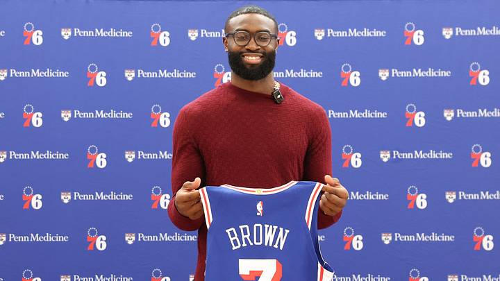 Aug 6, 2026; Camden, NJ, USA; Philadelphia 76ers guard Jaylen Brown poses for a photo during his introductory press conference at the  Francis J. Myers Recreation Center. Mandatory Credit: Bill Streicher-Imagn Images