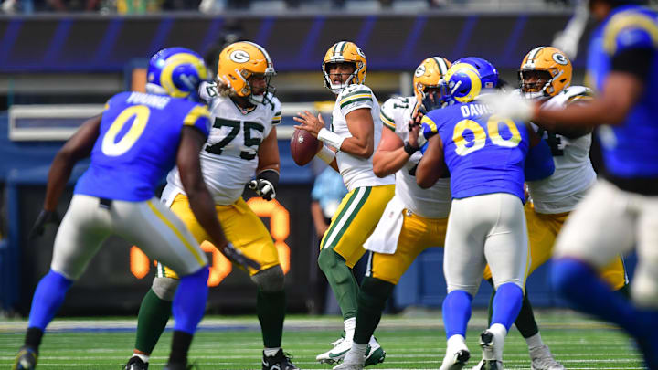 Green Bay Packers quarterback Jordan Love (10) drops back to pass against the Los Angeles Rams on Sunday.