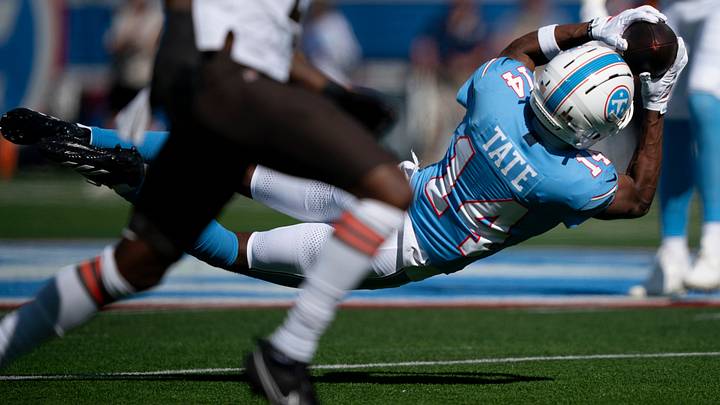 Tennessee Titans wide receiver Carnell Tate (14) catches the ball for a first down during the first quarter against the Cleveland Browns at Nissan Stadium in Nashville, Tenn., Sunday, Oct. 25, 2026. Tennessee Titans wide receiver Carnell Tate (14) catches the ball for a first down during the first quarter against the Cleveland Browns at Nissan Stadium in Nashville, Tenn., Sunday, Oct. 25, 2026.
