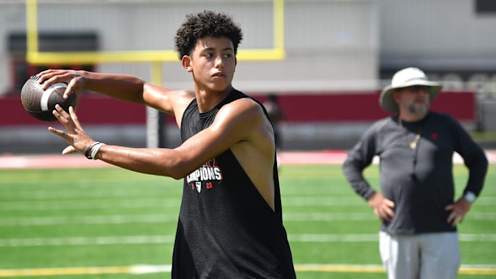 quarterback Davin Davidson passes the ball during 7-on-7 drills. Cardinal Mooney High football players participate in the school's summer strength and conditioning camp Monday, July 22, 2024. The Cougars won the FHSAA Class 1S state championship last year, defeating Trinity Catholic. quarterback Davin Davidson passes the ball during 7-on-7 drills. Cardinal Mooney High football players participate in the school's summer strength and conditioning camp Monday, July 22, 2024. The Cougars won the FHSAA Class 1S state championship last year, defeating Trinity Catholic.