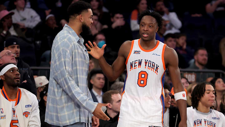 Apr 11, 2025; New York, New York, USA; New York Knicks center Karl-Anthony Towns (32) talks to forward OG Anunoby (8) during a time out during the fourth quarter against the Cleveland Cavaliers at Madison Square Garden. Mandatory Credit: Brad Penner-Imagn Images Apr 11, 2025; New York, New York, USA; New York Knicks center Karl-Anthony Towns (32) talks to forward OG Anunoby (8) during a time out during the fourth quarter against the Cleveland Cavaliers at Madison Square Garden. Mandatory Credit: Brad Penner-Imagn Images