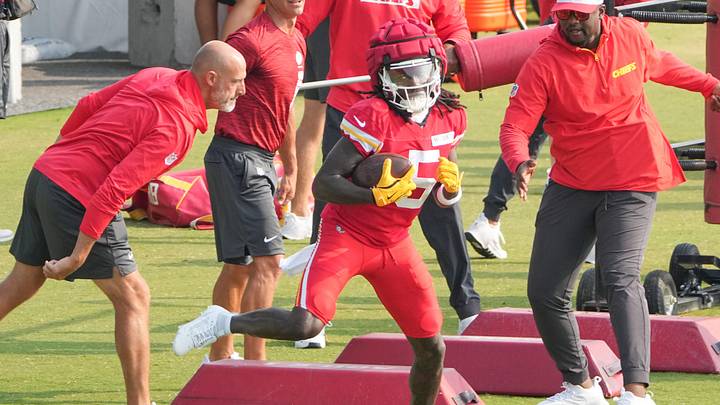 Jul 26, 2024; Kansas City, MO, USA; Kansas City Chiefs wide receiver Marquise “Hollywood” Brown (5) runs drills during training camp at Missouri Western State University. Mandatory Credit: Denny Medley-Imagn Images