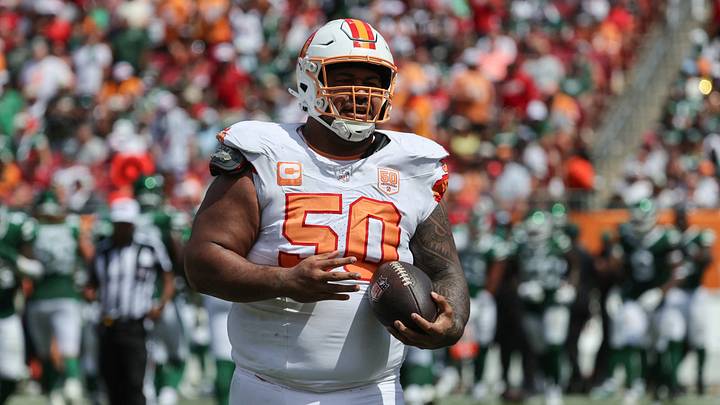 Sep 21, 2025; Tampa, Florida, USA; Tampa Bay Buccaneers defensive tackle Vita Vea (50) recovers the fumble against the New York Jets during the second quarter at Raymond James Stadium. Mandatory Credit: Kim Klement Neitzel-Imagn Images