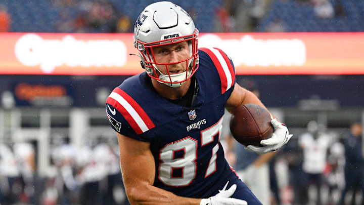 Aug 10, 2023; Foxborough, Massachusetts, USA; New England Patriots tight end Matt Sokol (87) warms up before a game against the Houston Texans at Gillette Stadium. Mandatory Credit: Eric Canha-Imagn Images