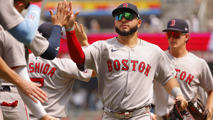 Jul 30, 2025; Minneapolis, Minnesota, USA; Boston Red Sox right fielder Wilyer Abreu (53) celebrates the win over the Minnesota Twins at Target Field. Mandatory Credit: Bruce Kluckhohn-Imagn Images Jul 30, 2025; Minneapolis, Minnesota, USA; Boston Red Sox right fielder Wilyer Abreu (53) celebrates the win over the Minnesota Twins at Target Field. Mandatory Credit: Bruce Kluckhohn-Imagn Images