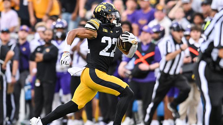 Sep 19, 2026; Iowa City, Iowa, USA;  Iowa Hawkeyes running back Braeden Jackson (22) runs for a touchdown against the UNI Panthers during the fourth quarter at Kinnick Stadium.  Mandatory Credit: Jeffrey Becker-Imagn Images