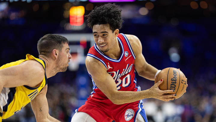 Dec 13, 2024; Philadelphia, Pennsylvania, USA; Philadelphia 76ers guard Jared McCain (20) and Indiana Pacers guard T.J. McConnell (9) in action at Wells Fargo Center. Mandatory Credit: Bill Streicher-Imagn Images Dec 13, 2024; Philadelphia, Pennsylvania, USA; Philadelphia 76ers guard Jared McCain (20) and Indiana Pacers guard T.J. McConnell (9) in action at Wells Fargo Center. Mandatory Credit: Bill Streicher-Imagn Images