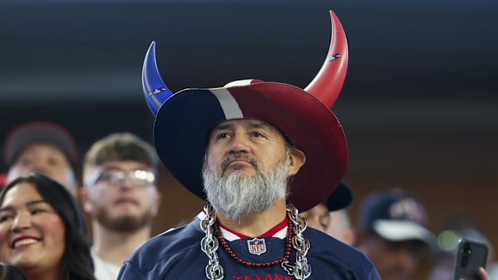 Nov 18, 2024; Arlington, Texas, USA; Houston Texans fan during the second half against the Dallas Cowboys at AT&T Stadium. Mandatory Credit: Kevin Jairaj-Imagn Images
