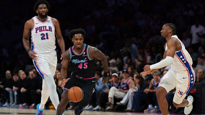 Mar 30, 2026; Miami, Florida, USA; Miami Heat guard Davion Mitchell (45) drives to the basket against Philadelphia 76ers guard Tyrese Maxey (0) during the first quarter at Kaseya Center. Mandatory Credit: Sam Navarro-Imagn Images Mar 30, 2026; Miami, Florida, USA; Miami Heat guard Davion Mitchell (45) drives to the basket against Philadelphia 76ers guard Tyrese Maxey (0) during the first quarter at Kaseya Center. Mandatory Credit: Sam Navarro-Imagn Images