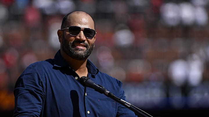 St. Louis, Missouri, USA;  St. Louis Cardinals former player Albert Pujols speaks at a retirement ceremony for starting pitcher Adam Wainwright (not pictured) before a game against the Cincinnati Reds at Busch Stadium.